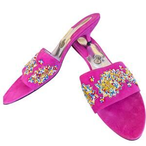free lance Pink Suede Leather Beaded Kitten Heel Slide Sandals Women's 9.5 10
